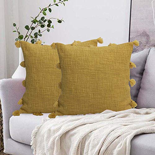 Dekor World 2 Piece Large Cotton Mustard Tassel Marit Collection Cushion Cover (20x20 inches/ 50x50 cm)-for Living Room and Bedroom New - Image 1