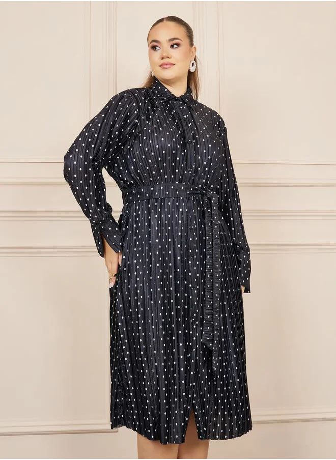 Styli Plus Satin Polka Dot Print Self Tie Up Shirt Midi Dress