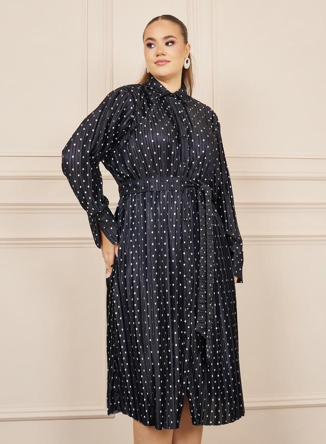 Styli Plus Satin Polka Dot Print Self Tie Up Shirt Midi Dress  - Image 2