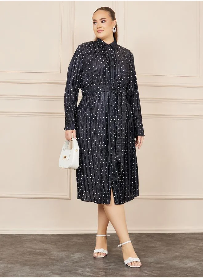 Styli Plus Satin Polka Dot Print Self Tie Up Shirt Midi Dress
