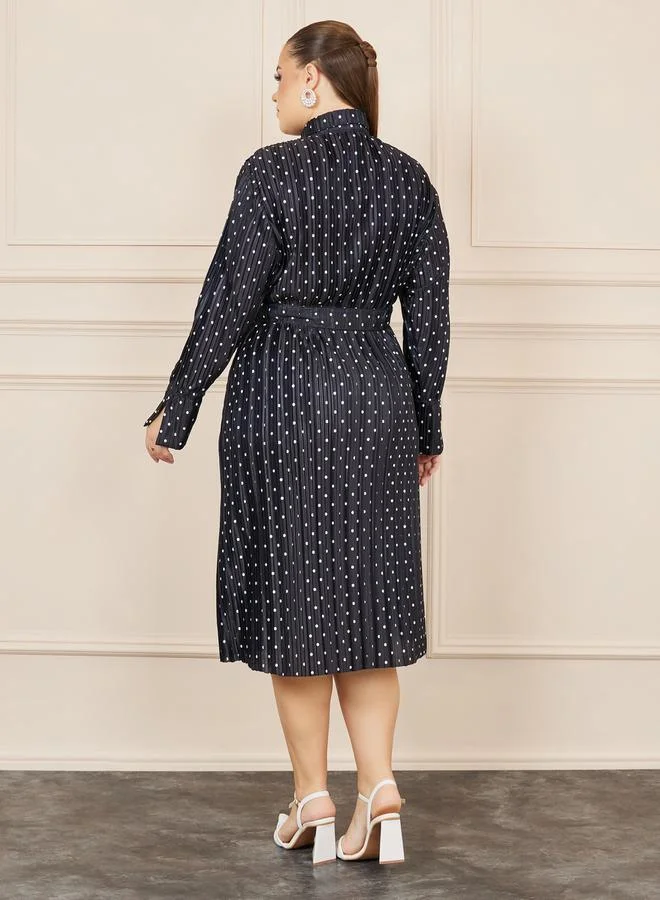Styli Plus Satin Polka Dot Print Self Tie Up Shirt Midi Dress