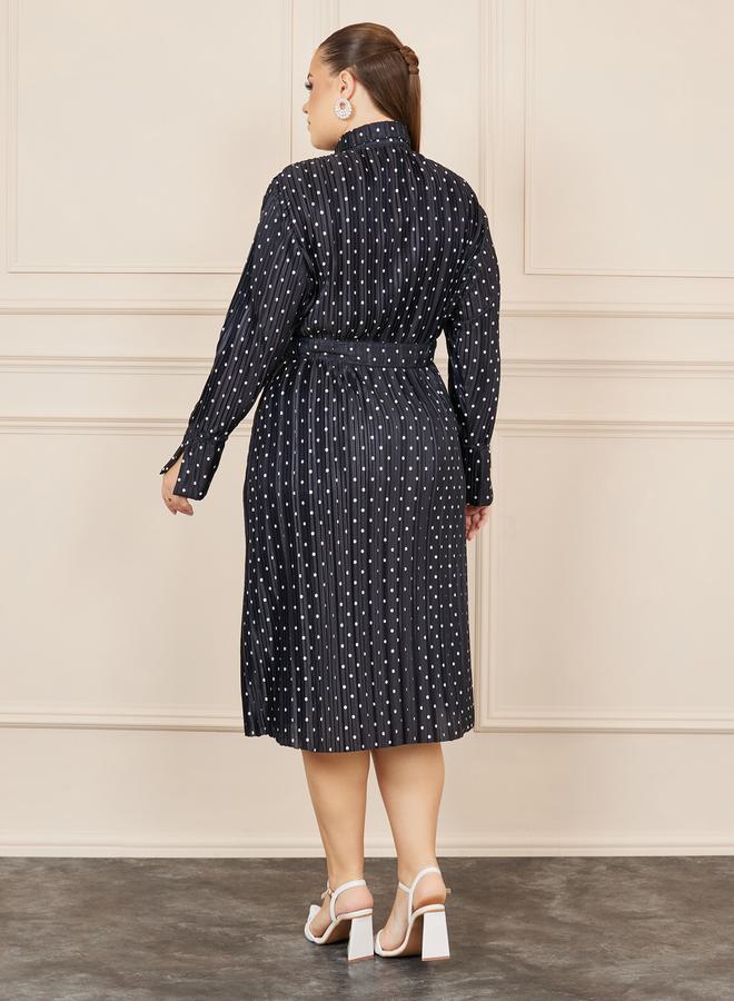 Styli Plus Satin Polka Dot Print Self Tie Up Shirt Midi Dress  - Image 4