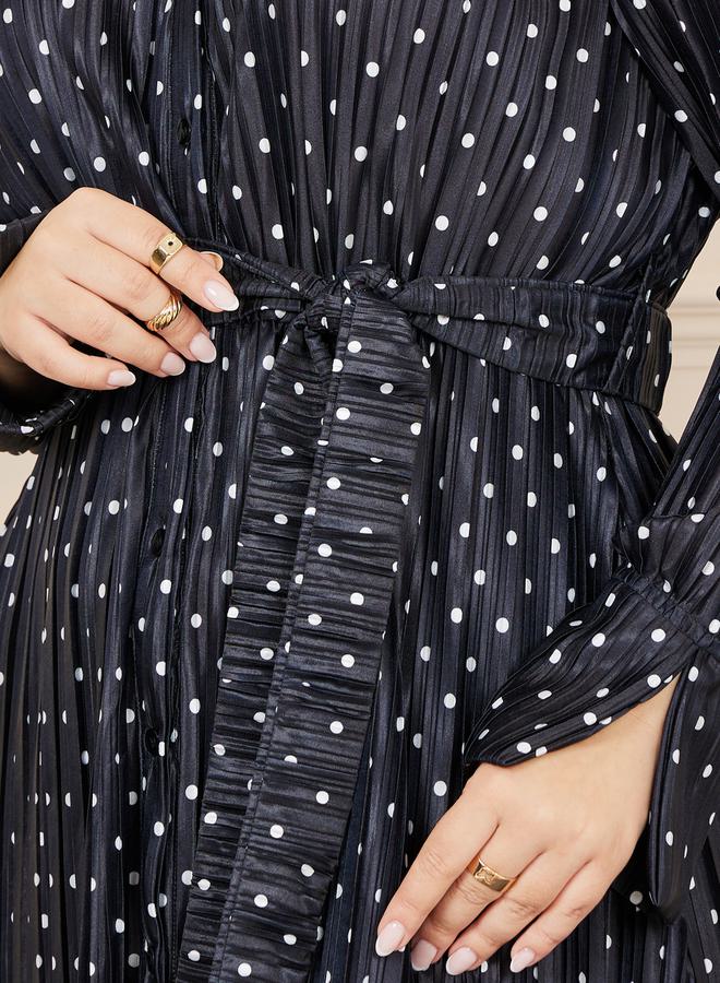 Styli Plus Satin Polka Dot Print Self Tie Up Shirt Midi Dress  - Image 3