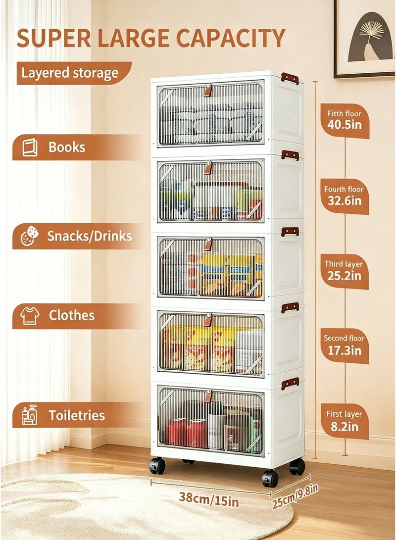 Yoawllty Foldable Collapsible 5-Layer Plastic Drawer Storage Cabinet with Rolling Wheels, Stackable Dustproof Organizer Containers, Space Saving Large Capacity Storage Drawers for Garments, Kids Toys, Stationery Home & Office Use - Image 2