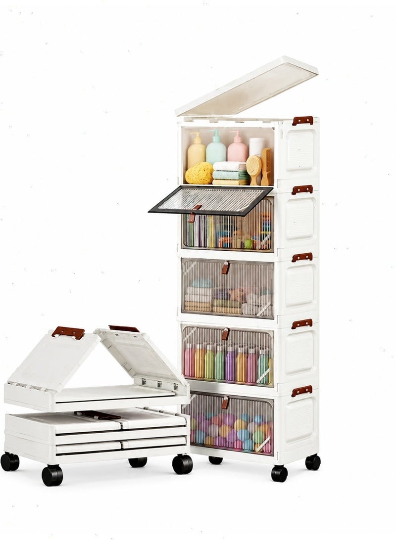 Yoawllty Foldable Collapsible 5-Layer Plastic Drawer Storage Cabinet with Rolling Wheels, Stackable Dustproof Organizer Containers, Space Saving Large Capacity Storage Drawers for Garments, Kids Toys, Stationery Home & Office Use - Image 1
