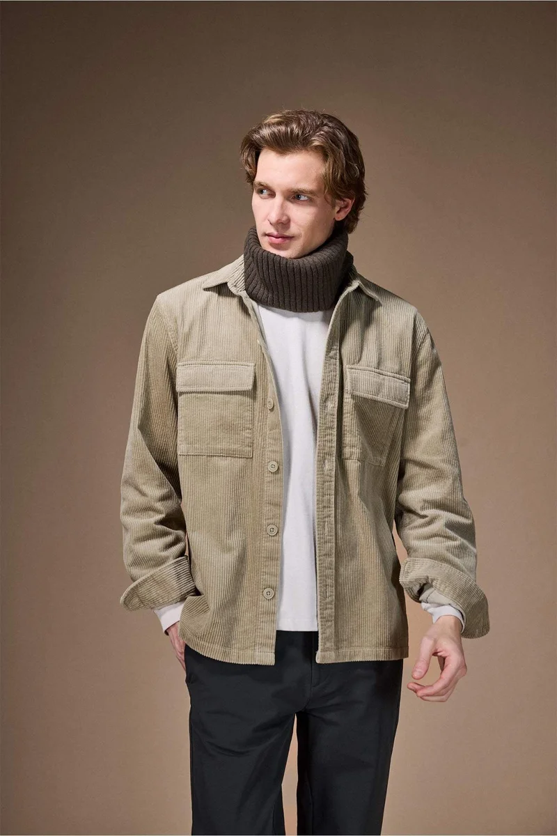 ديفاكتو Regular Fit Polo Collar Long Sleeve Corduroy Shirt