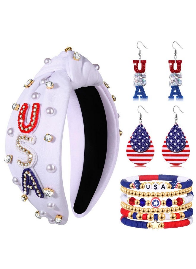 CEALXHENY - 4Th Of July Accessories For Women American Flag Headband Usa Earrings Red Blue White Beaded Heishi Bracelets Usa Patriotic Fourth Of July Accessories Outfits Jewelry Gifts (White A) - Image 1