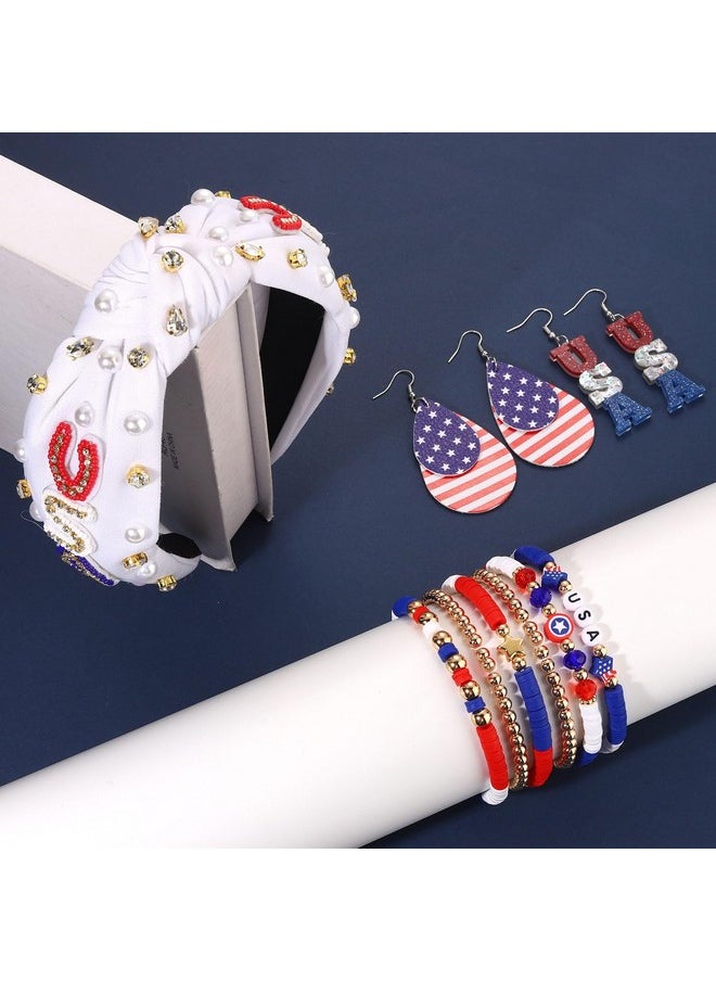 CEALXHENY - 4Th Of July Accessories For Women American Flag Headband Usa Earrings Red Blue White Beaded Heishi Bracelets Usa Patriotic Fourth Of July Accessories Outfits Jewelry Gifts (White A) - Image 1