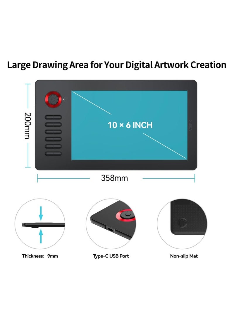 فايك A15 Pro لوح رسم رقمي 10×6 بوصة مع قلم بدون بطارية بدقة 8192 مستوى ضغط، مزود بـ 12 مفتاح اختصار وعجلة تحكم - Image 3