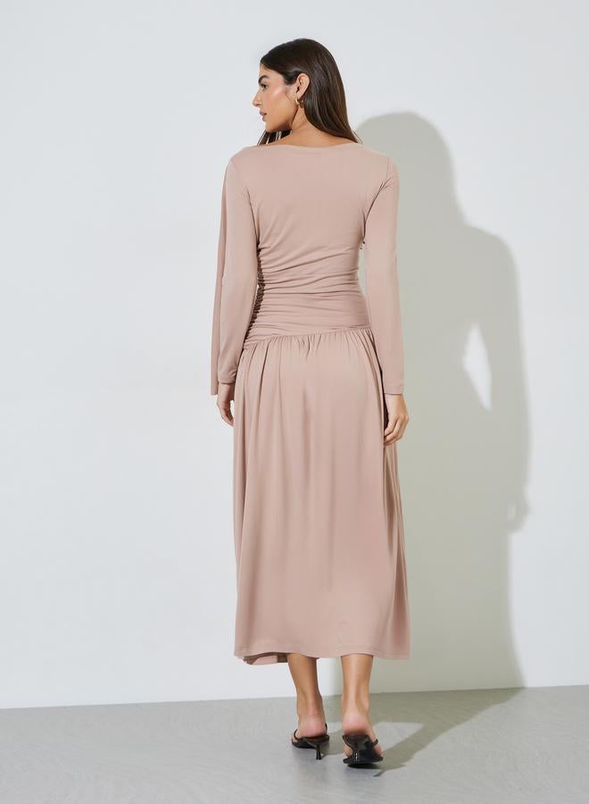 Styli Nude Ruched Details Long Sleeve A-Line Maxi Dress - Image 3
