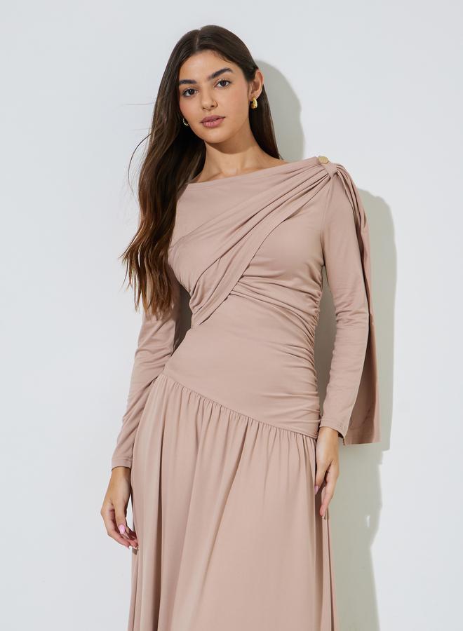 Styli Nude Ruched Details Long Sleeve A-Line Maxi Dress - Image 2