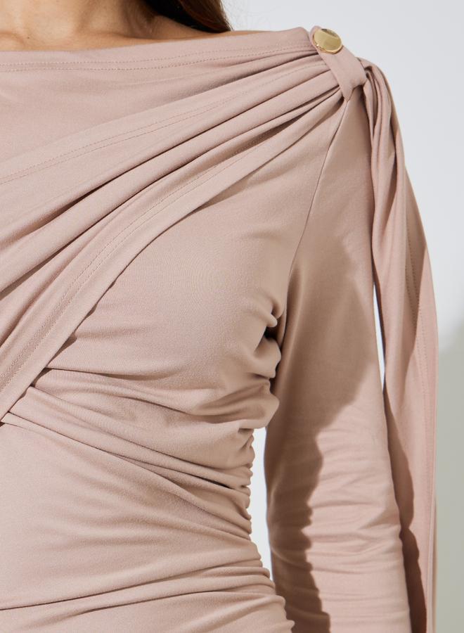 Styli Nude Ruched Details Long Sleeve A-Line Maxi Dress - Image 4