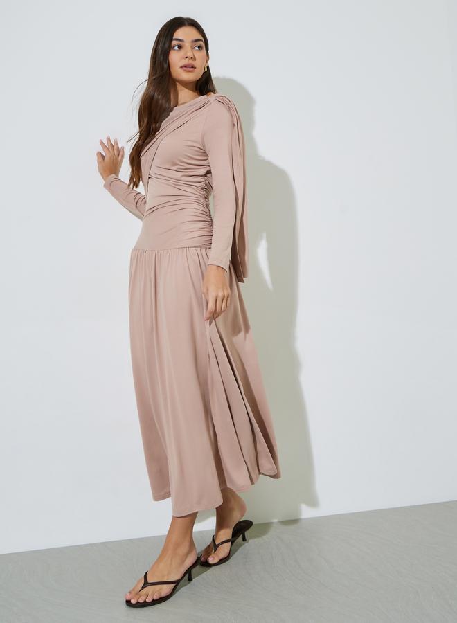 Styli Nude Ruched Details Long Sleeve A-Line Maxi Dress - Image 1
