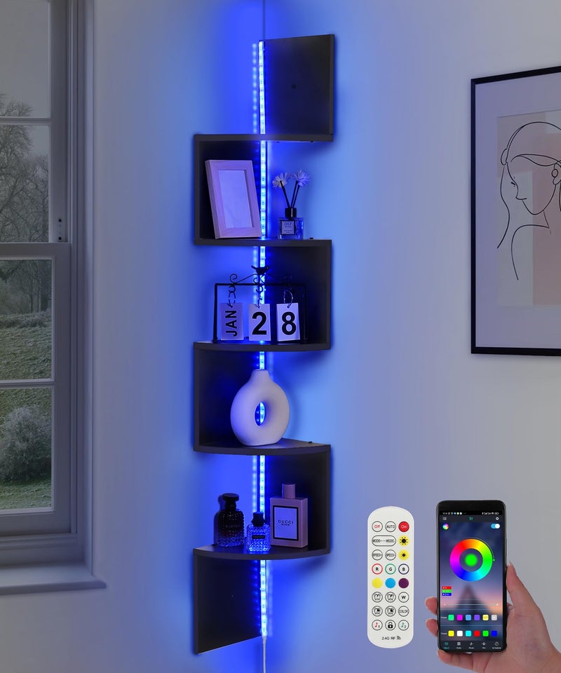 Outink 5 Tiers Corner Shelf with RGB LED Lights 492 Wall Mount Floating Corner Display Shelf for Living Room Bedroom Home Office Decor APP Remote Control Black