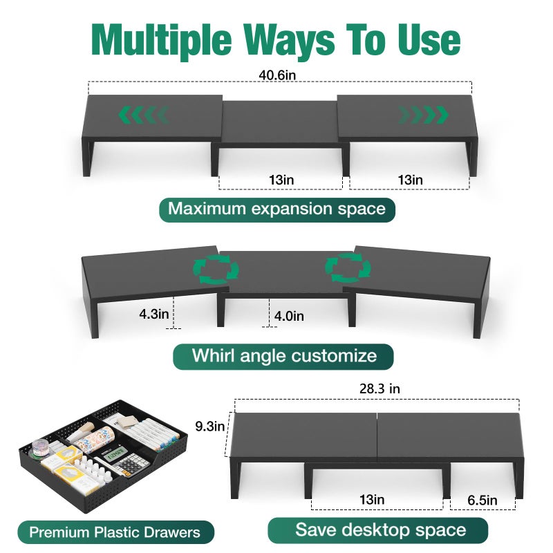 OPNICE Dual Computer Monitor Stand Riser, Desk Organizer with Drawer, Office Desk Accessories & Workspace Organizers for Home Office Supplies, Black - Image 2