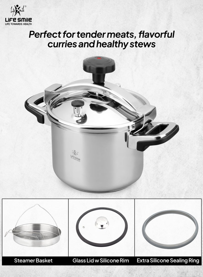 لايف سمايل 10لترات قدر ضغط من الستانلس ستيل 18/10 مع سلة تبخير وغطاء زجاجي | قاعدة حثّية (Induction) | نظام غلق آمن للغطاء – لون فضي None - Image 3