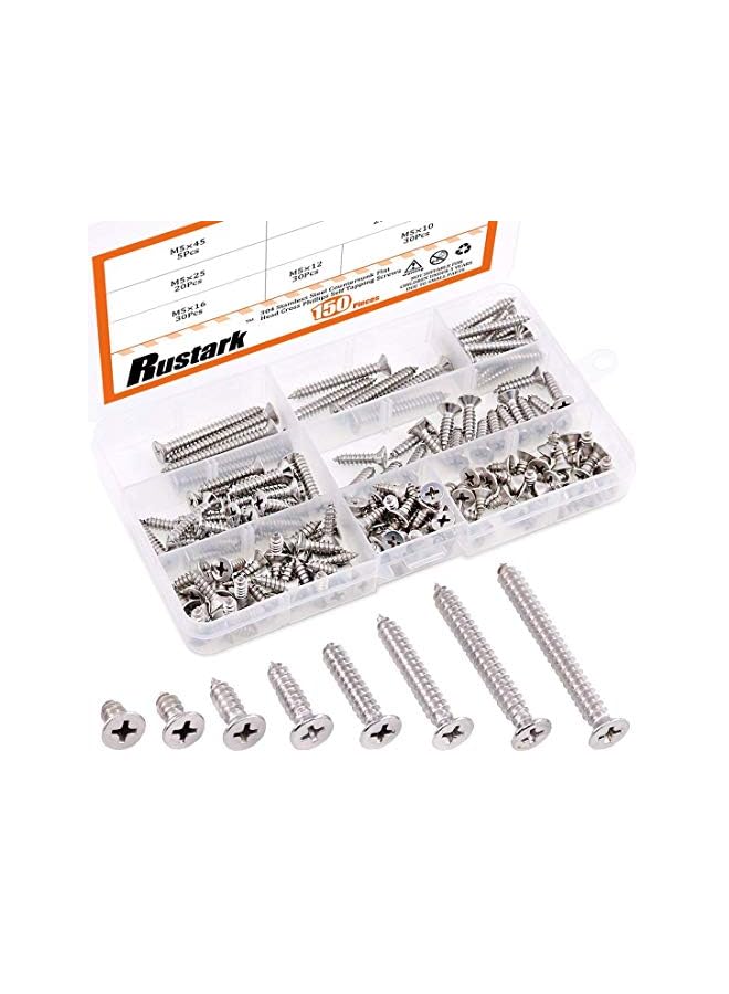 Rustark 150Pcs [#10 3/8" to 1-3/4"] 304 Stainless Steel Flat Head Phillips Cross Wood Screw Self Tapping Drilling Screws Assortment Kit - Image 2