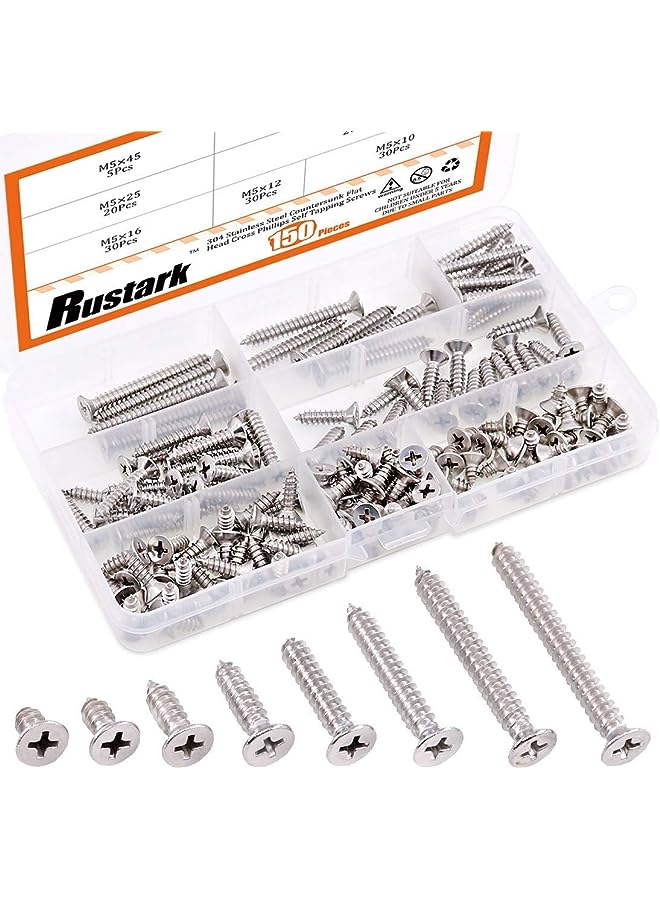 Rustark 150Pcs [#10 3/8" to 1-3/4"] 304 Stainless Steel Flat Head Phillips Cross Wood Screw Self Tapping Drilling Screws Assortment Kit - Image 1