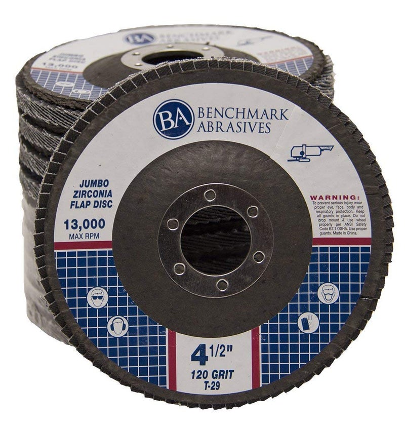 Benchmark Abrasives 4.5" x 7/8" Premium High Density Jumbo Zirconia Type 29 Flap Discs 4 1/2 for Angle Grinder, Sanding Discs, Finishing - Grinding Wheels 4 1/2 Inch (10 Pack) - 120 Grit - Image 1