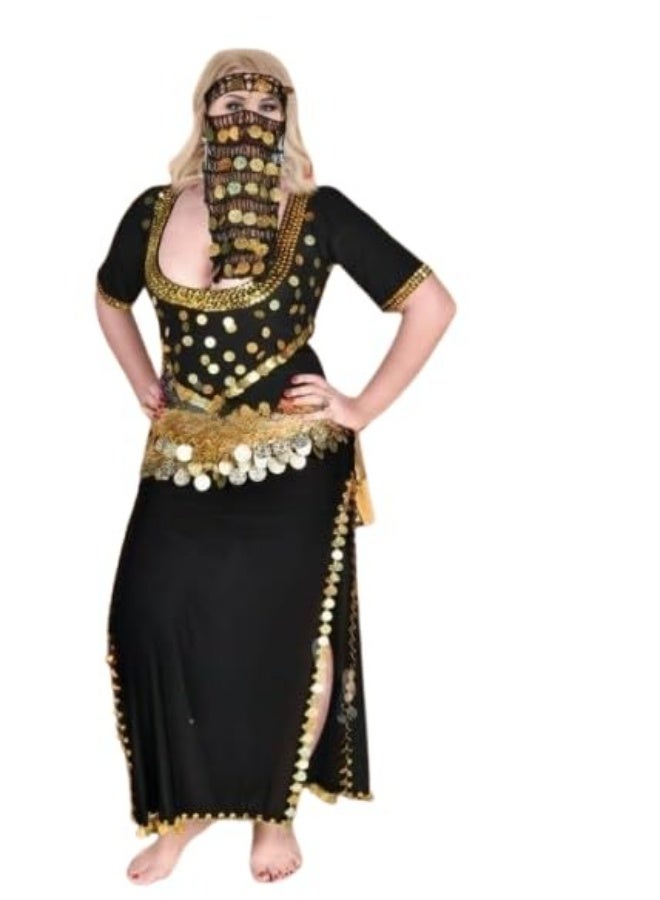 Belly dance costume, galabiya, soft butter-soft Lycra fabric, embroidered with coins and gold sequins – folk dancewear + face veil and waist belt, 3 pieces – women's dance set - Image 1
