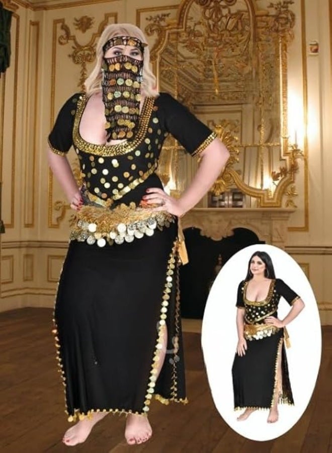 Belly dance costume, galabiya, soft butter-soft Lycra fabric, embroidered with coins and gold sequins – folk dancewear + face veil and waist belt, 3 pieces – women's dance set - Image 2