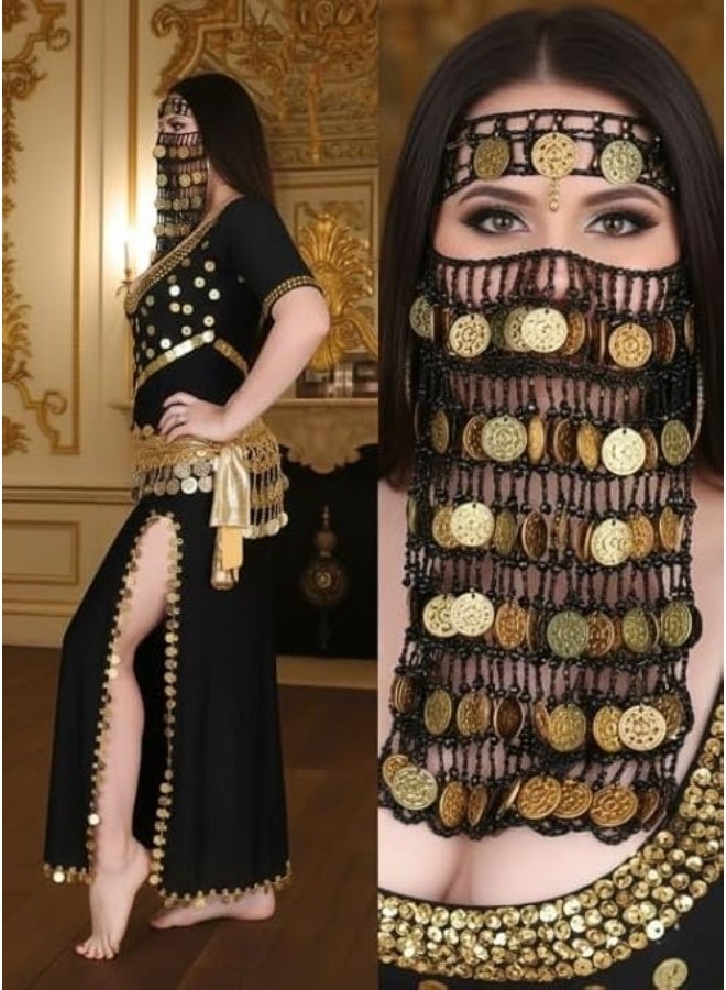 Belly dance costume, galabiya, soft butter-soft Lycra fabric, embroidered with coins and gold sequins – folk dancewear + face veil and waist belt, 3 pieces – women's dance set - Image 3