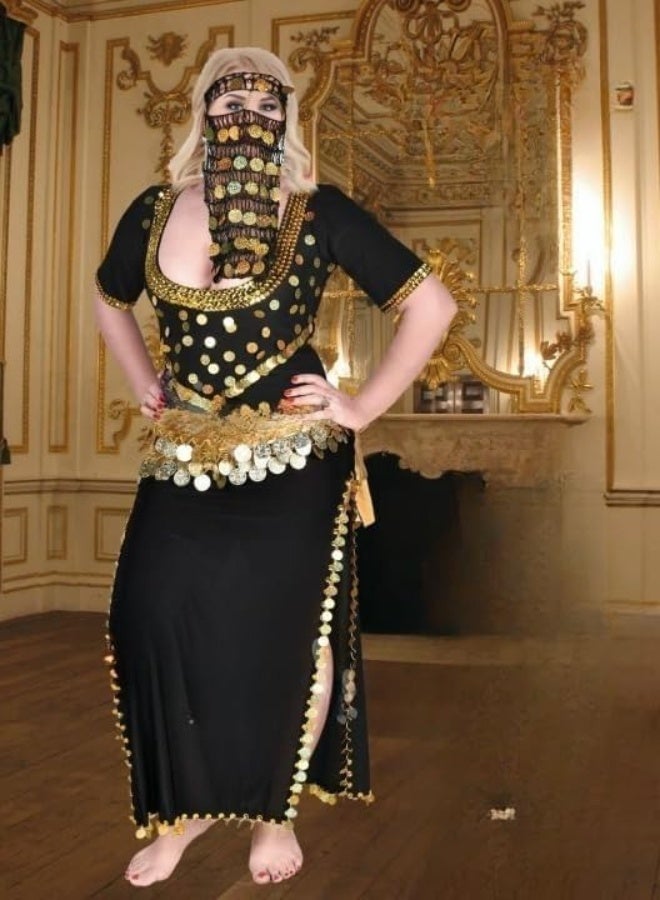 Belly dance costume, galabiya, soft butter-soft Lycra fabric, embroidered with coins and gold sequins – folk dancewear + face veil and waist belt, 3 pieces – women's dance set - Image 4