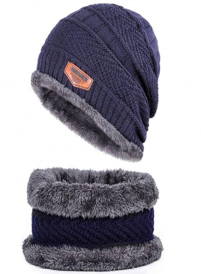 Zwerlin Wool Beanie Cap & Muffler for Mens & Women - Winter Cap for Men - Men’s Woolen Cap with Neck Muffler - Winter Muffler for Women - Soft Woolen Muffler & Cap for Men & Women Blue - Image 1