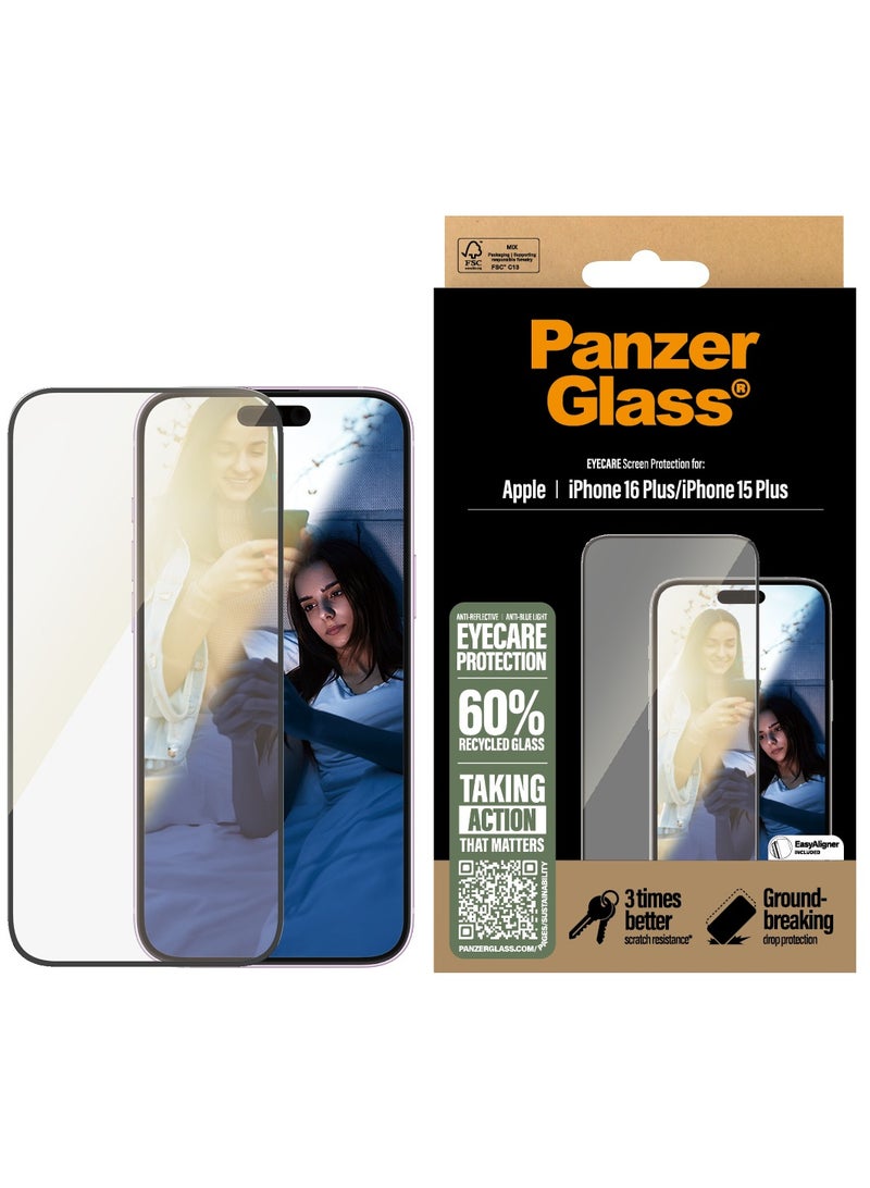 PanzerGlass حماية شاشة PanzerGlass® للعناية بالعيون لجهاز Apple iPhone 16 Plus مضادة للانعكاس، مضادة للضوء الأزرق، زجاج مقسى، مقاومة عالية للخدوش، مقاومة للصدمات - مع مساعدة التركيب لتسهيل التثبيت - Image 1