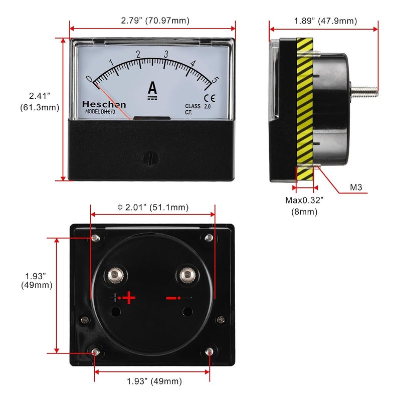 Heschen Rectangle Panel Mounted Current Meter Ammeter Tester, DH-670, DC 0-5A, Class 2.0, CE Listed - Image 2
