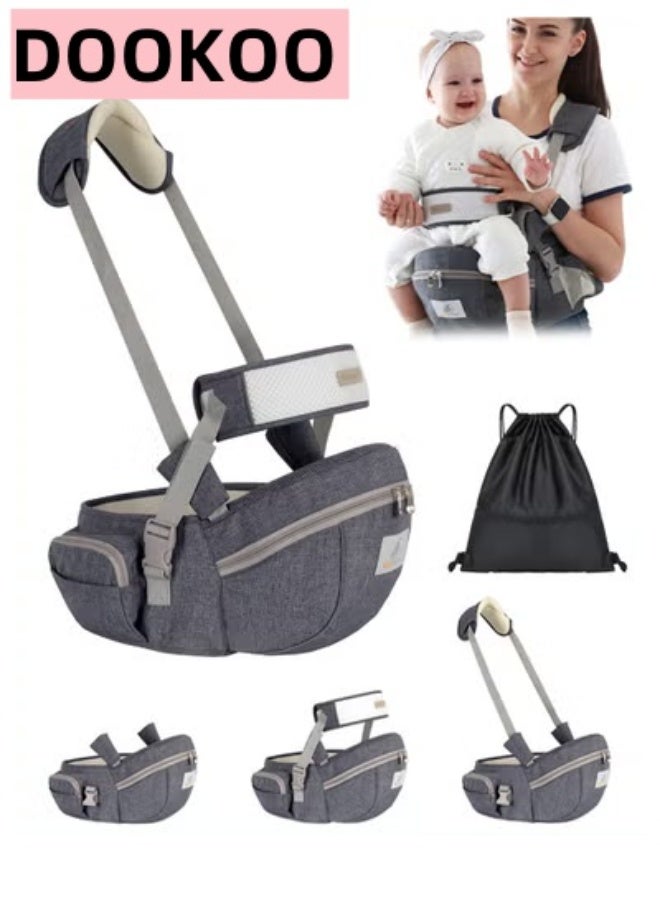 دوكو حامل مقعد الورك للطفل مع حقيبة تخزين، مقعد خصر للأطفال حديثي الولادة إلى الأطفال الصغار، مقعد خصر مريح للرضع مع حزام حزام قابل للتعديل بجيب بإبزيم تخزين داخلي ناعم قاعدة ناعمة ضخمة - Image 1