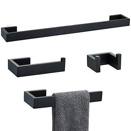 TNOMS 4 Pieces Bathroom Hardware Accessories Set Black Towel Bar Towel Holder Robe Hook Toilet Paper Holder Stainless Steel,Q8-P4BK - Image 1