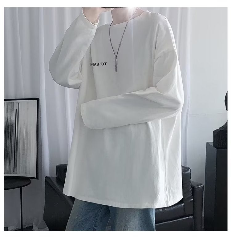 Hong Kong Style Simple Long-Sleeved T-Shirt For Men And Women, Trendy Brand Printed Round Neck Inner Layering Shirt, Versatile Casual Loose Fit T-Shirt - Image 1