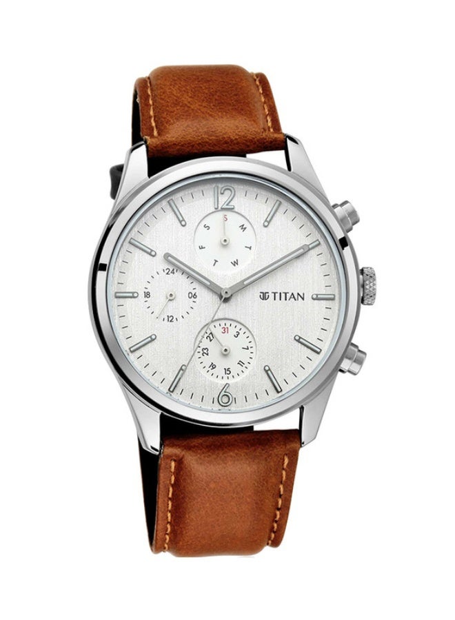 ساعة تيتان كلاسيك متعددة الوظائف بقرص دائري أبيض وحزام جلد بني للرجال-1805SL04
