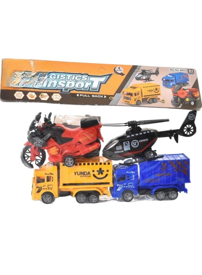 Toy Box Pull Back Vehicles Logistic Transport Bike Truck Helicopter Toy Set For Kids  - Image 2