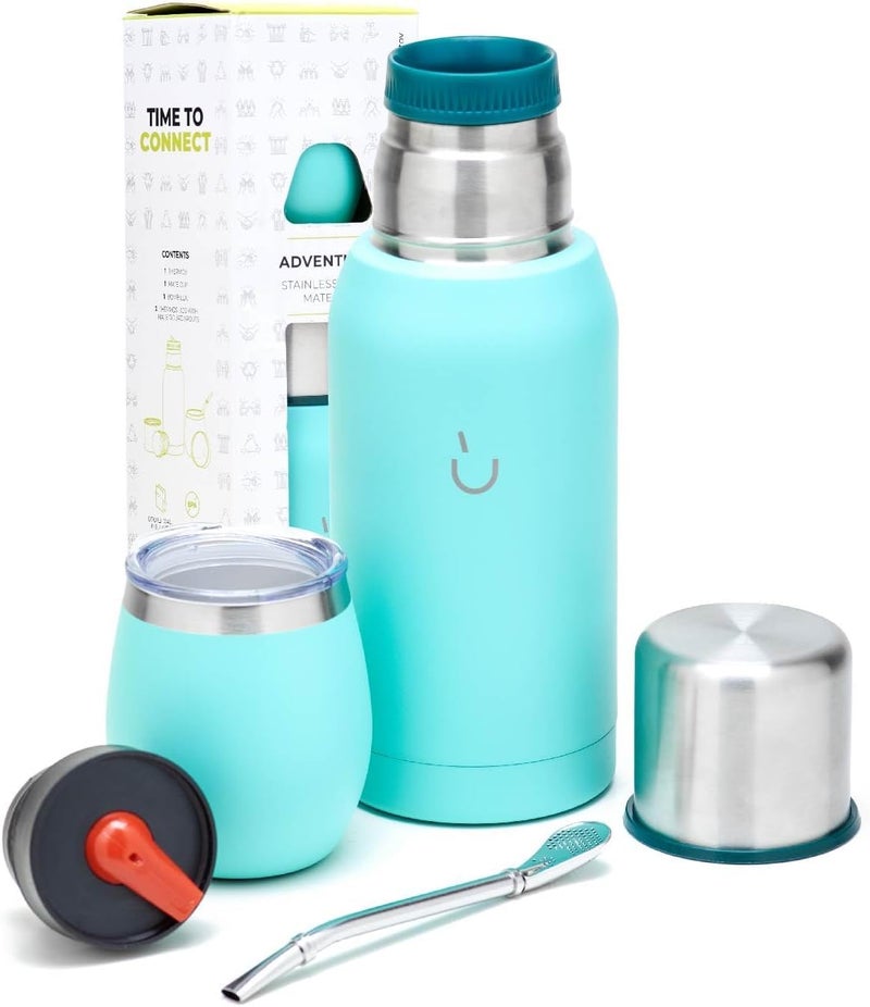 BALIBETOV Mate Kit – Includes 1 Mate Cup, 1 Bombilla Straw, and 1 Thermal Flask with 2 Stoppers – Stainless Steel Gourd with Lid (Aqua) - Image 1