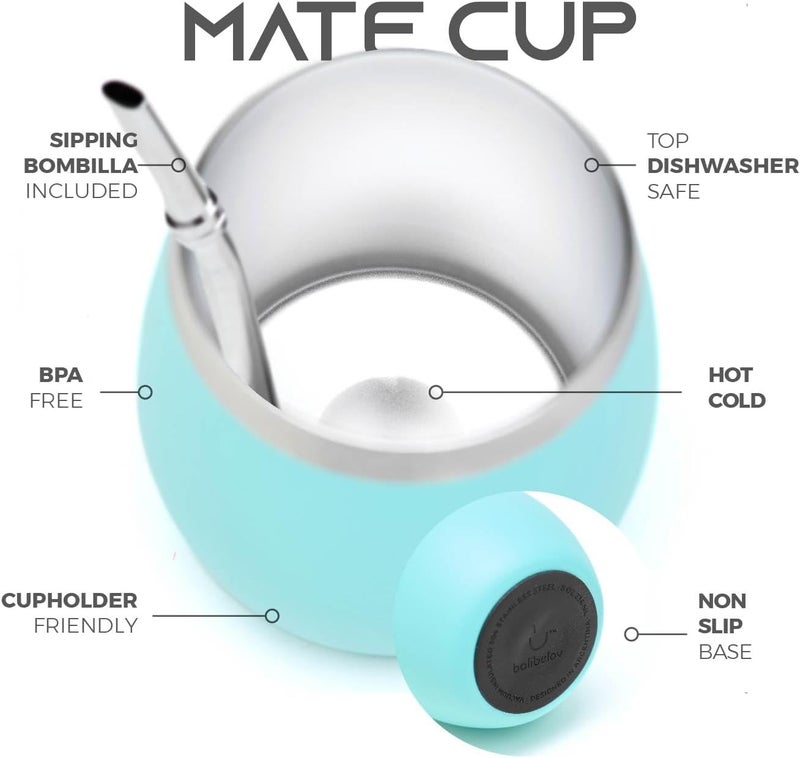 BALIBETOV Mate Kit – Includes 1 Mate Cup, 1 Bombilla Straw, and 1 Thermal Flask with 2 Stoppers – Stainless Steel Gourd with Lid (Aqua) - Image 2