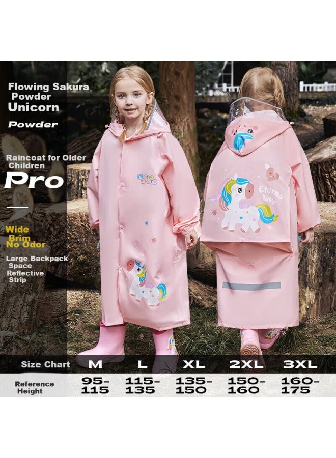 Moremerry Children's Raincoat For Boys And Girls, Elementary School Students' Waterproof Full-body Rain Poncho For Older Children, Cherry Blossom Pink Unicorn Design, Size L - Image 1