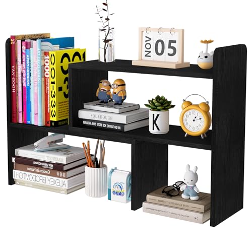 EasyPAG Wood Desk Shelves Adjustable Desktop Bookshelf Freestanding Home and Office Supplies Storage Display Shelf Desk Tidy OrganiserBlack