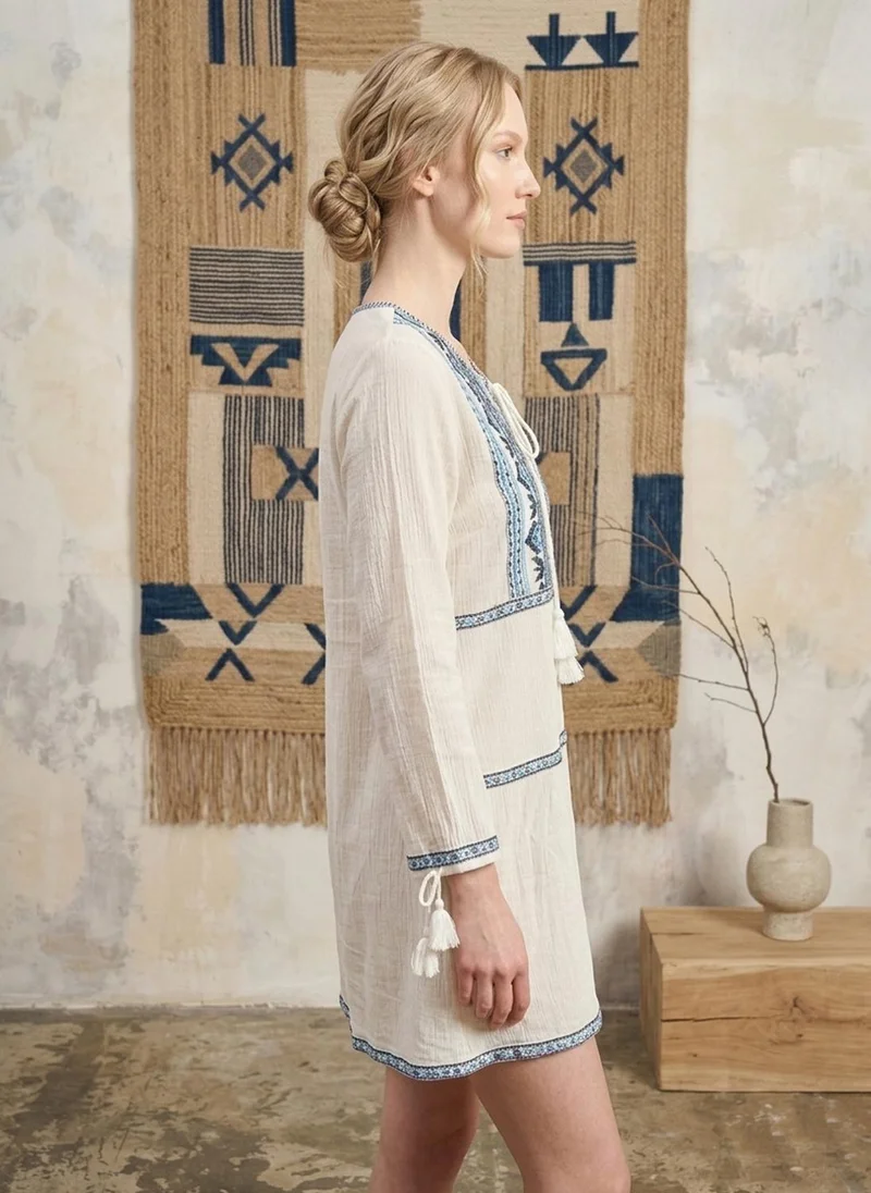 Alaya off-white with blue embroidery Women Embroidered  Crepe Cotton Midi Dress -AL3715 for Women | Best Price UAE