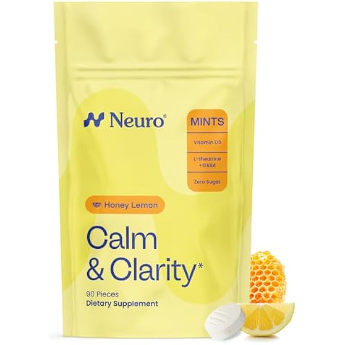 Neuro Calm & Clarity Mints - GABA L-Theanine Stress Supplement with Vitamin D3 - Non-Drowsy, Functional Calming Mints for Mood, Mental Clarity & Cognitive Function - Honey Lemon, 90 ct - Image 1