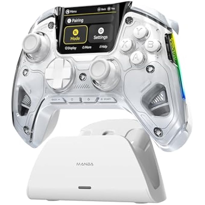 Manba (NO DRIFT) ONE INTERACTIVE SCREEN WIRELESS GAMING CONTROLLER FOR SWITCH/PC/IOS/ANDROID,HALL EFFECT STICK & TRIGGER,RGB LIGHTING,REMAPPABLE BUTTONS,1800MAH WITH CHARGING DOCK (WHITE) - Image 1