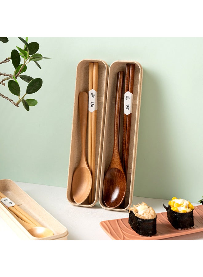 Japanese-style Student Travel Portable Boxed Nanmu Long Handle Chopsticks Tableware Wooden Spoon Portable Suit Wholesale-Specifications:23.5cm Lotus Flat Handle Chopsticks + Box  - Image 2