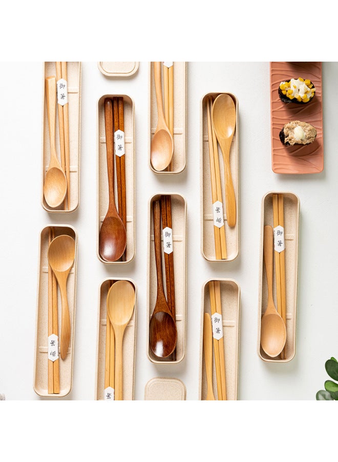 Japanese-style Student Travel Portable Boxed Nanmu Long Handle Chopsticks Tableware Wooden Spoon Portable Suit Wholesale-Specifications:23.5cm Lotus Flat Handle Chopsticks + Box  - Image 4