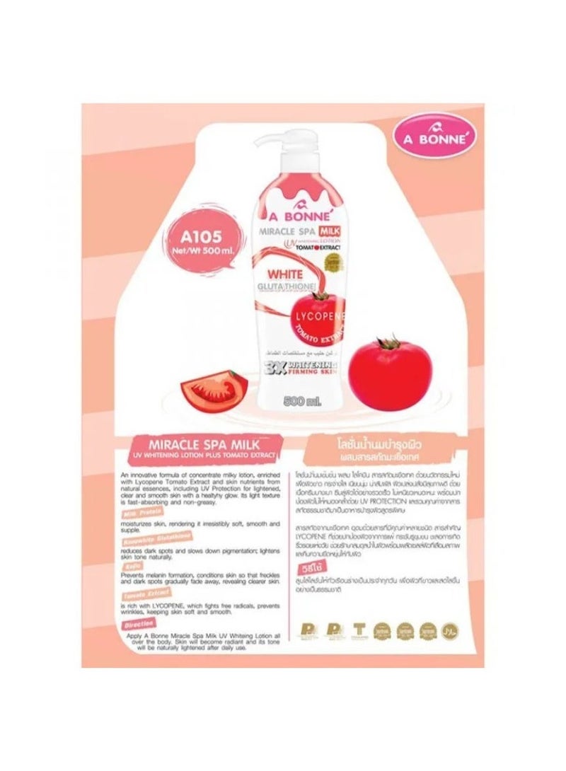 A Bonne Miracle Spa Milk UV Whitening Lotion with Lycopene Tomato Extract & NanoWhite Glutathione for Bright Smooth Skin, 500ml - Image 5