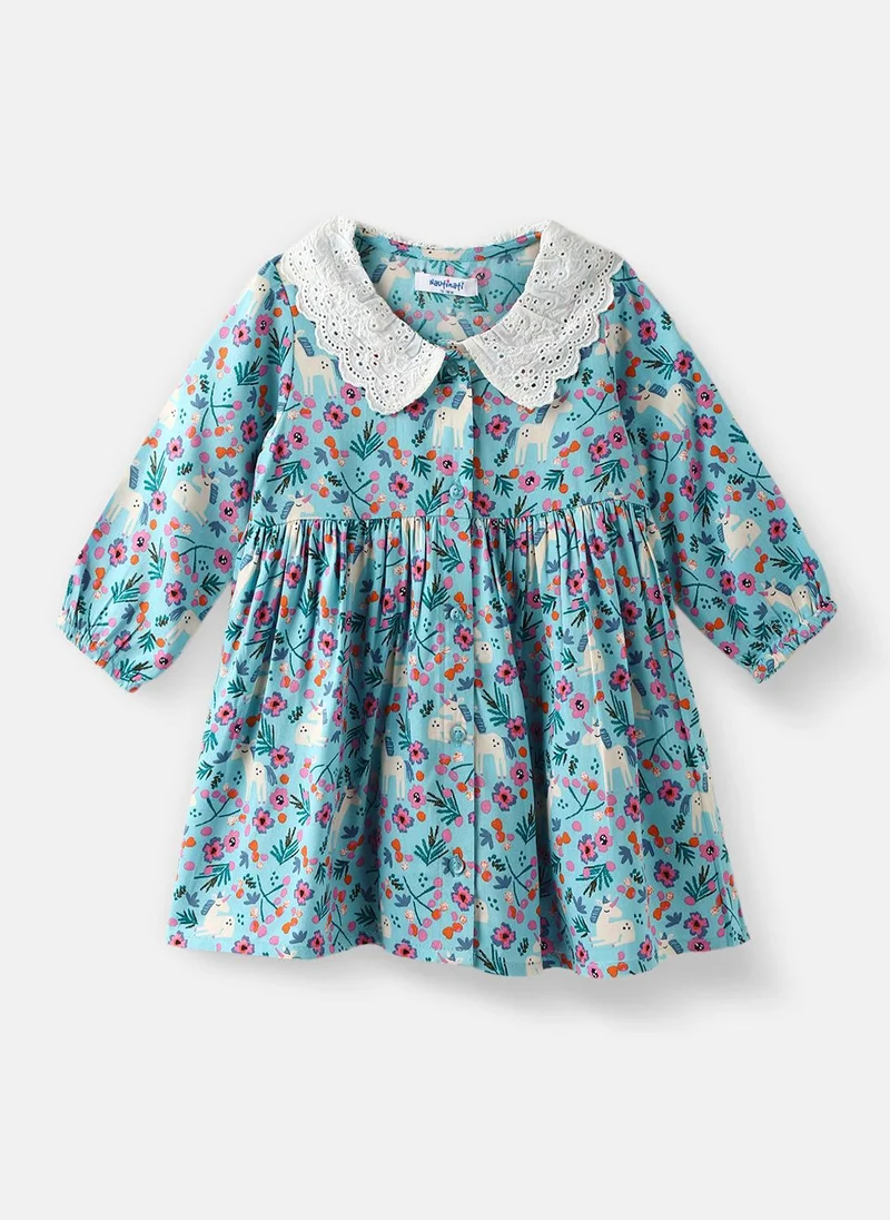 Nautinati Nautinati Girls' Floral and Animal Printed Schiffli Collar Dress