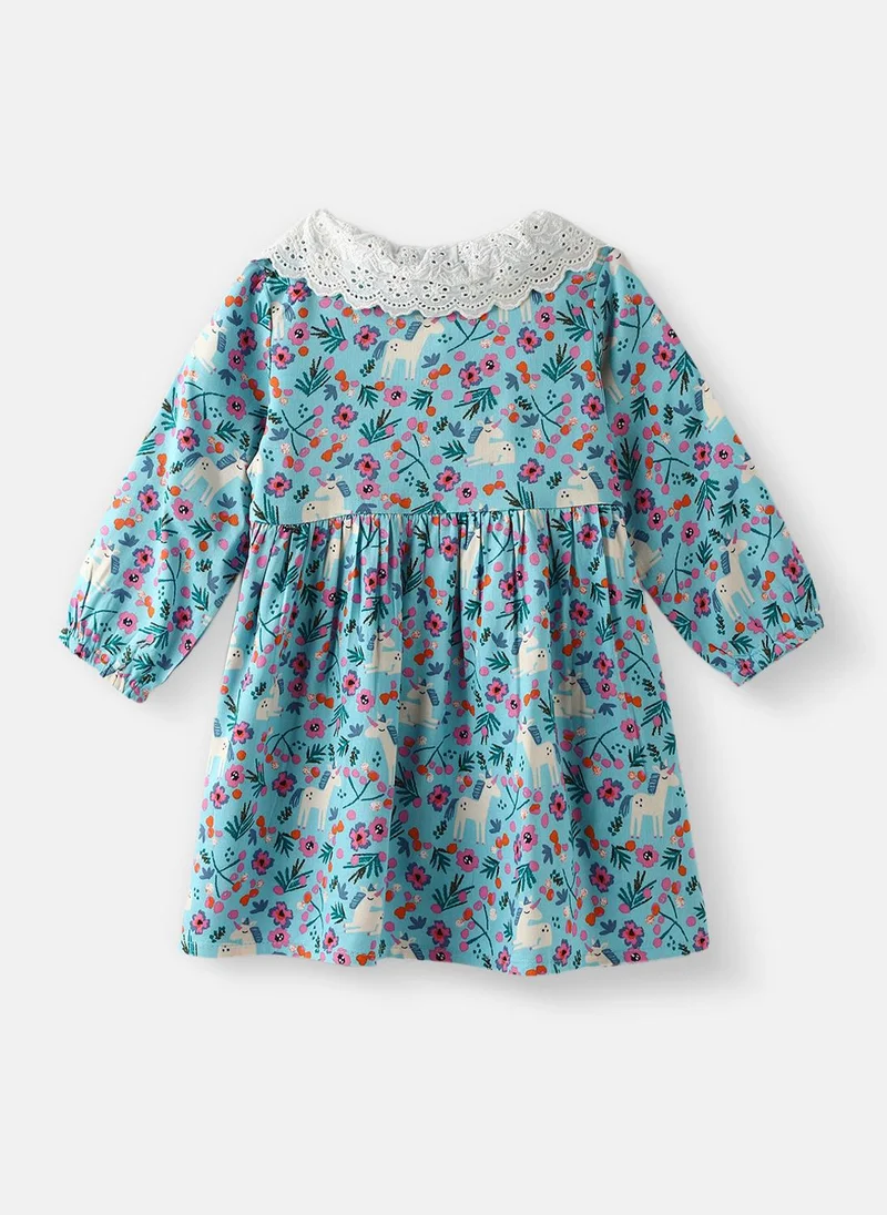 Nautinati Nautinati Girls' Floral and Animal Printed Schiffli Collar Dress
