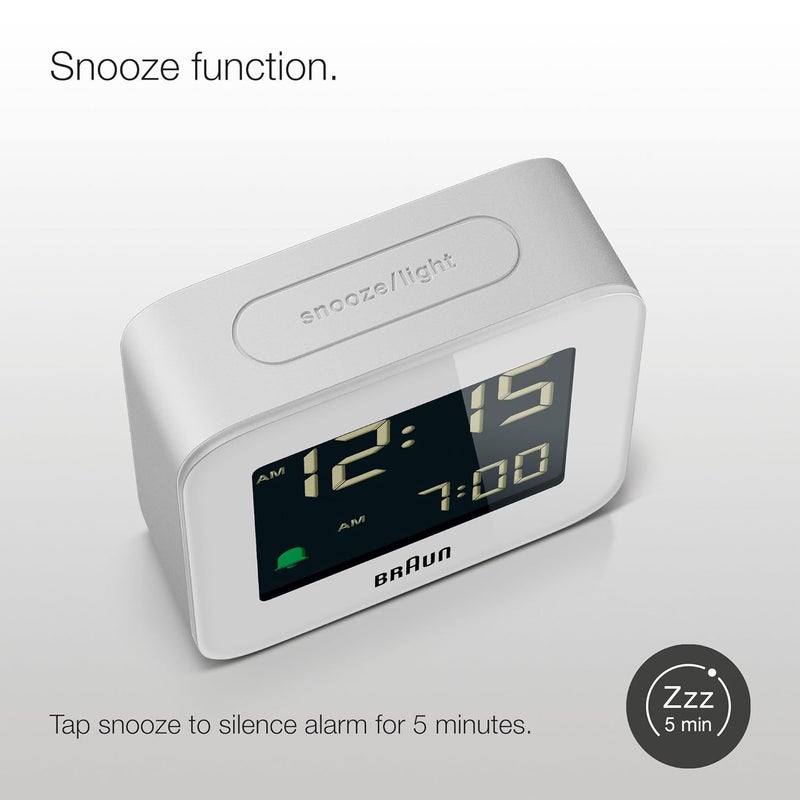 Braun Digital Travel Alarm Clock with Snooze Compact Size Negative LCD Display Quick SetCrescendo Beep Alarm in White Model BC08W - Image 4
