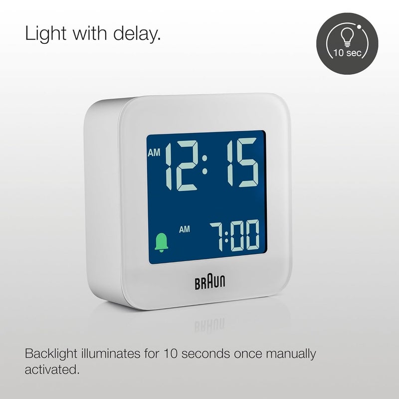 Braun Digital Travel Alarm Clock with Snooze Compact Size Negative LCD Display Quick SetCrescendo Beep Alarm in White Model BC08W - Image 3