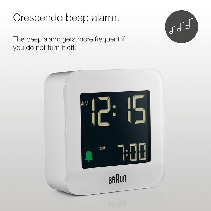Braun Digital Travel Alarm Clock with Snooze Compact Size Negative LCD Display Quick SetCrescendo Beep Alarm in White Model BC08W - Image 2